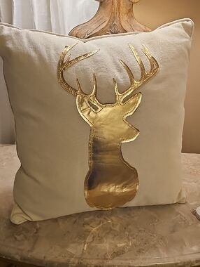 Gold Deer Appliqué Holiday Throw Pillow - Cream New Without Tags